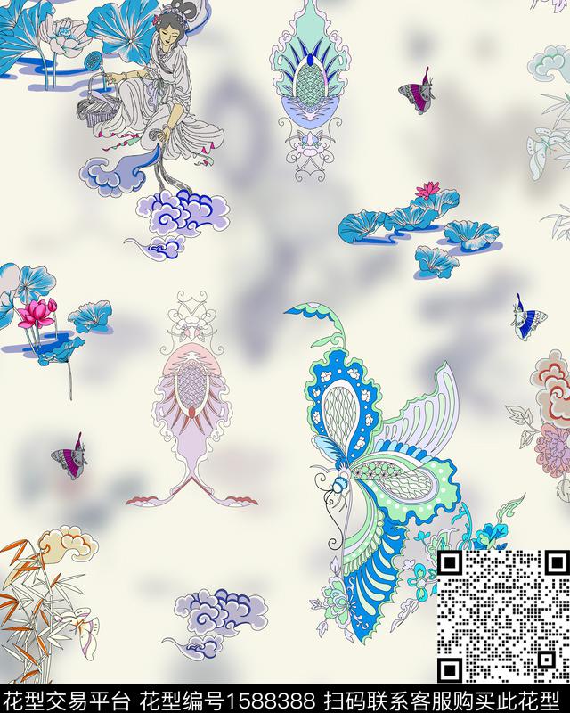 人物中国风荷花数码印花华亿平台下载（图片编号: 1588388） - 瓦栏（Walan）