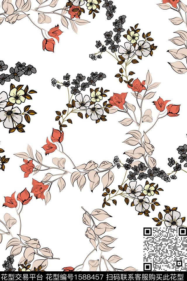 花卉水彩花卉白底花数码印花华亿平台下载（图片编号: 1588457） - 瓦栏（Walan）