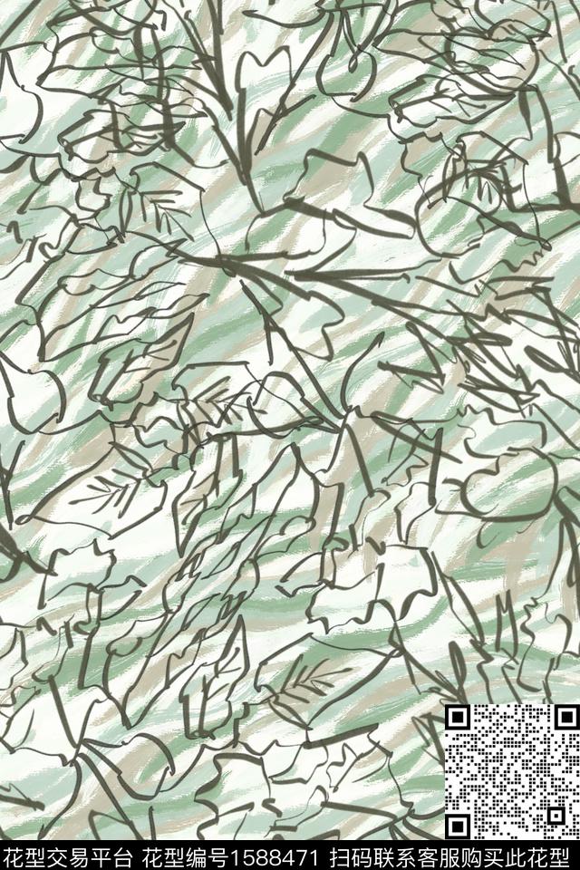 花卉抽象线条数码印花华亿平台下载（图片编号: 1588471） - 瓦栏（Walan）