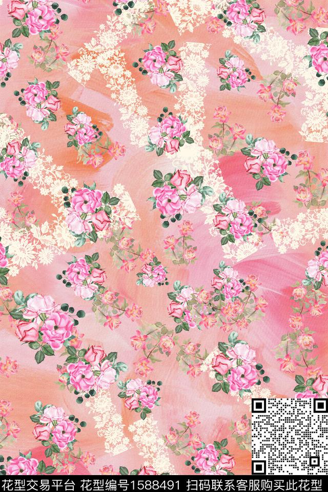 花卉水彩花卉蕾丝花边数码印花华亿平台下载（图片编号: 1588491） - 瓦栏（Walan）