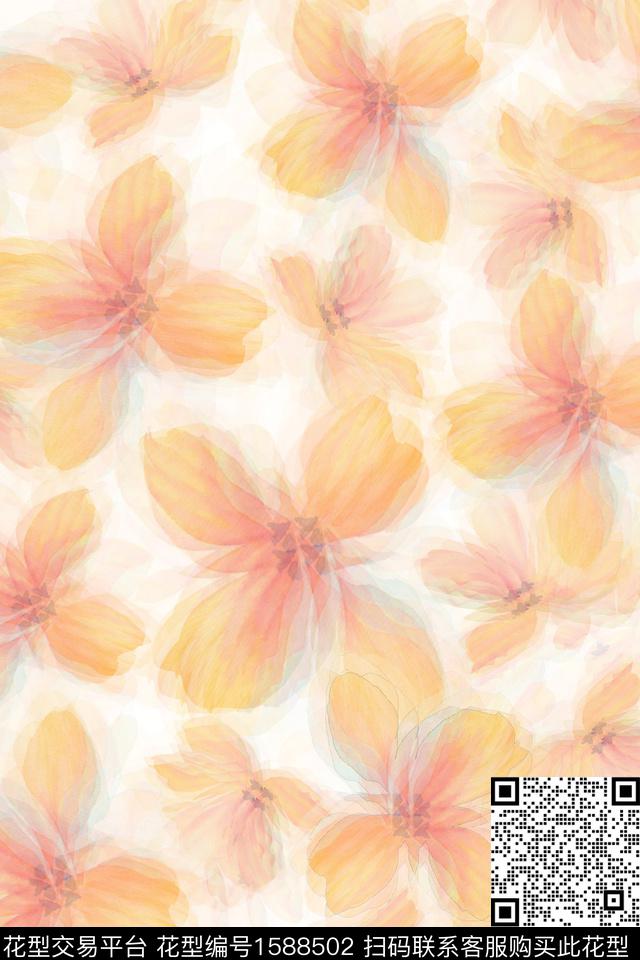 花卉模糊水彩花卉数码印花华亿平台下载（图片编号: 1588502） - 瓦栏（Walan）