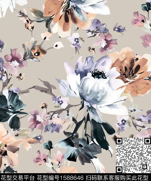抽象花卉水彩数码印花华亿平台下载（图片编号: 1588646） - 瓦栏（Walan）