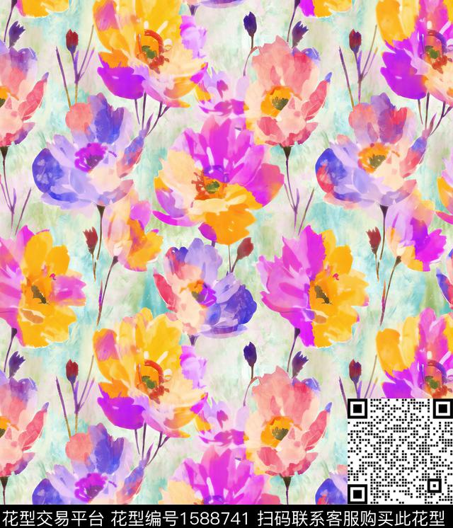 花卉水彩花卉底纹数码印花华亿平台下载（图片编号: 1588741） - 瓦栏（Walan）