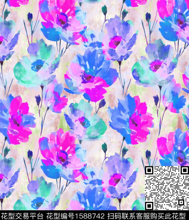 花卉大牌风手绘数码印花华亿平台下载（图片编号: 1588742） - 瓦栏（Walan）