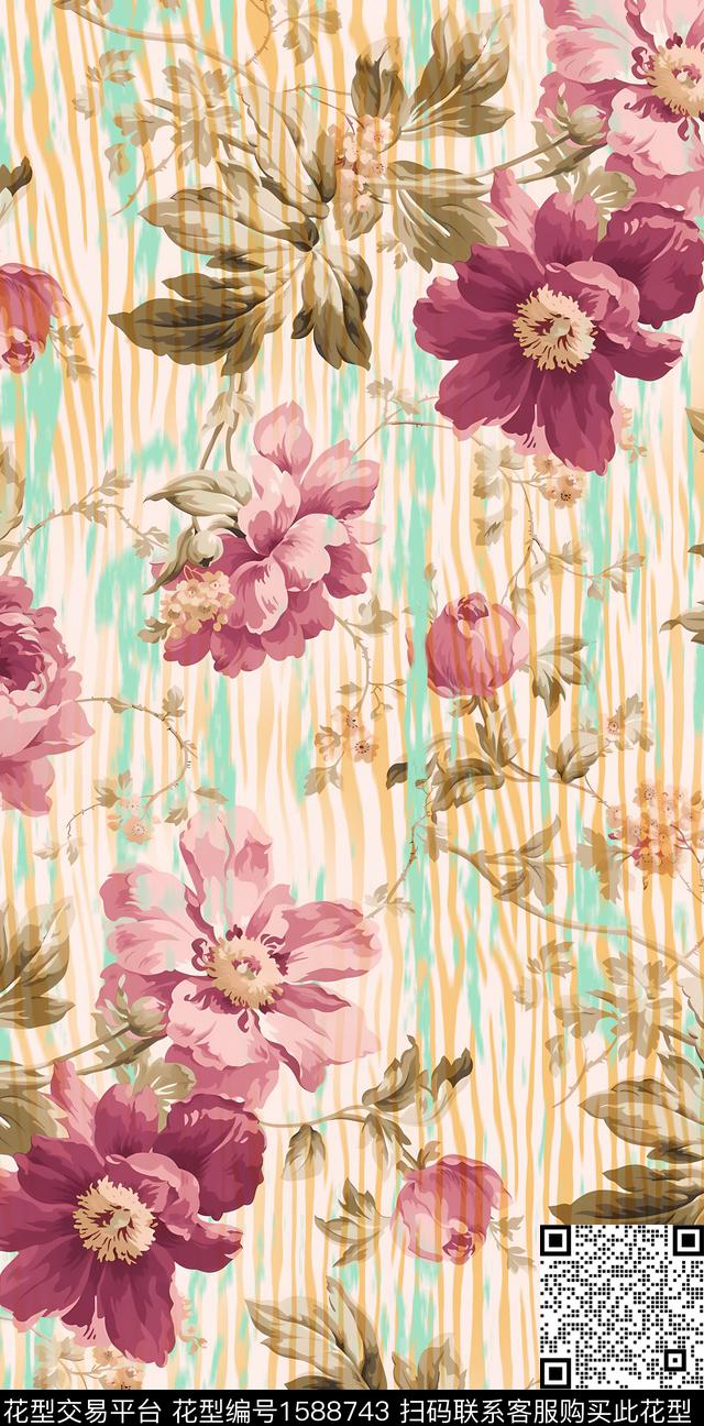 花卉大花水彩花卉数码印花华亿平台下载（图片编号: 1588743） - 瓦栏（Walan）