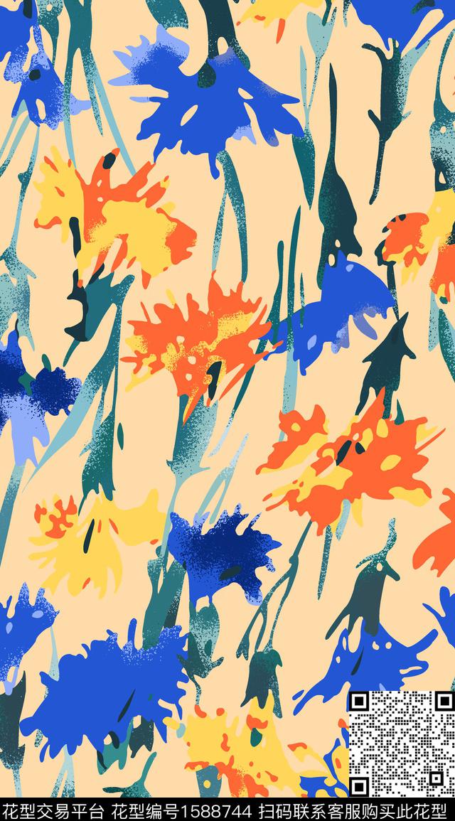 花卉手绘抽象花卉数码印花华亿平台下载（图片编号: 1588744） - 瓦栏（Walan）