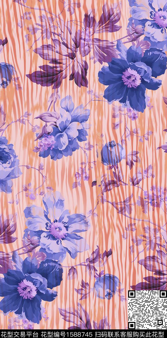 花卉大牌风手绘数码印花华亿平台下载（图片编号: 1588745） - 瓦栏（Walan）