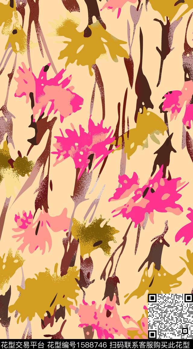 花卉大牌风手绘数码印花华亿平台下载（图片编号: 1588746） - 瓦栏（Walan）