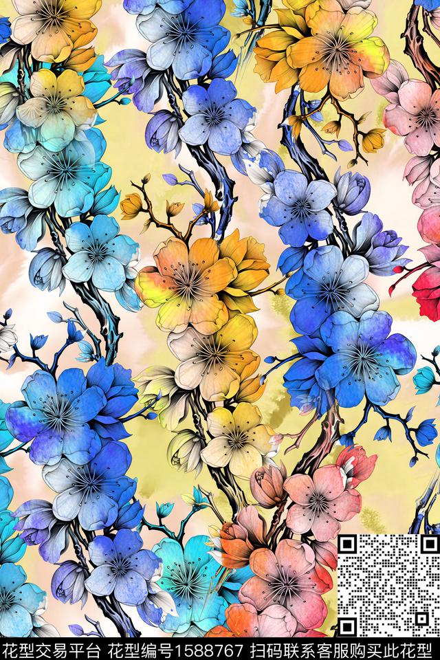 花卉水彩花卉渐变数码印花华亿平台下载（图片编号: 1588767） - 瓦栏（Walan）