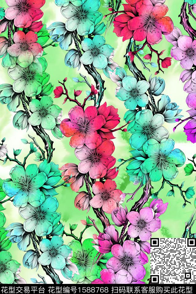 花卉大牌风手绘数码印花华亿平台下载（图片编号: 1588768） - 瓦栏（Walan）