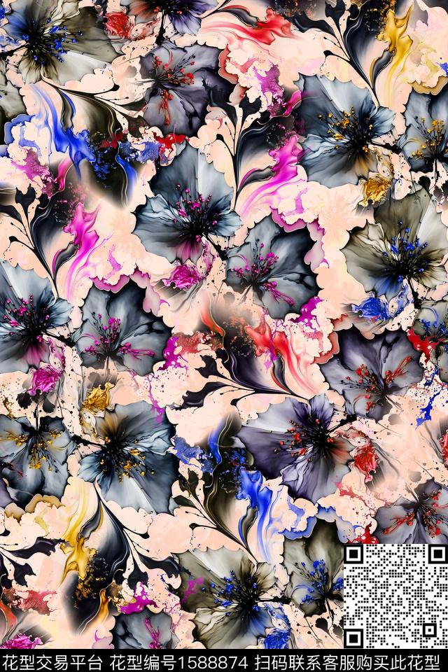 花卉水彩花卉渐变数码印花华亿平台下载（图片编号: 1588874） - 瓦栏（Walan）