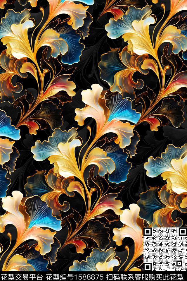 花卉黑底花卉数码印花华亿平台下载（图片编号: 1588875） - 瓦栏（Walan）