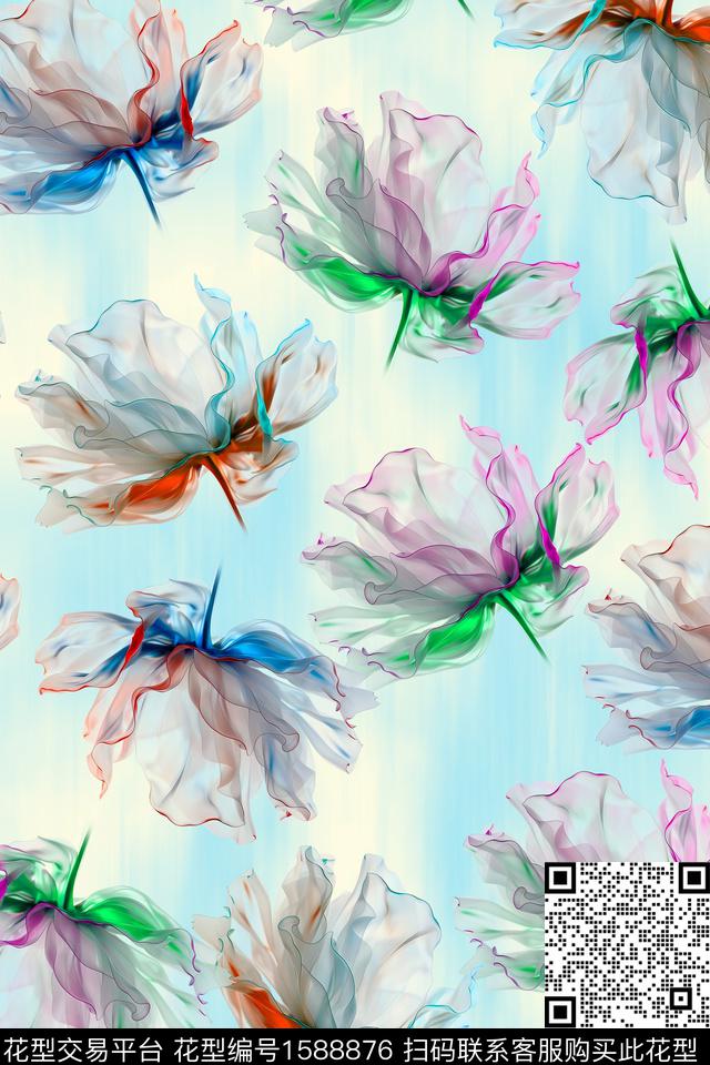 花卉水彩花卉渐变数码印花华亿平台下载（图片编号: 1588876） - 瓦栏（Walan）