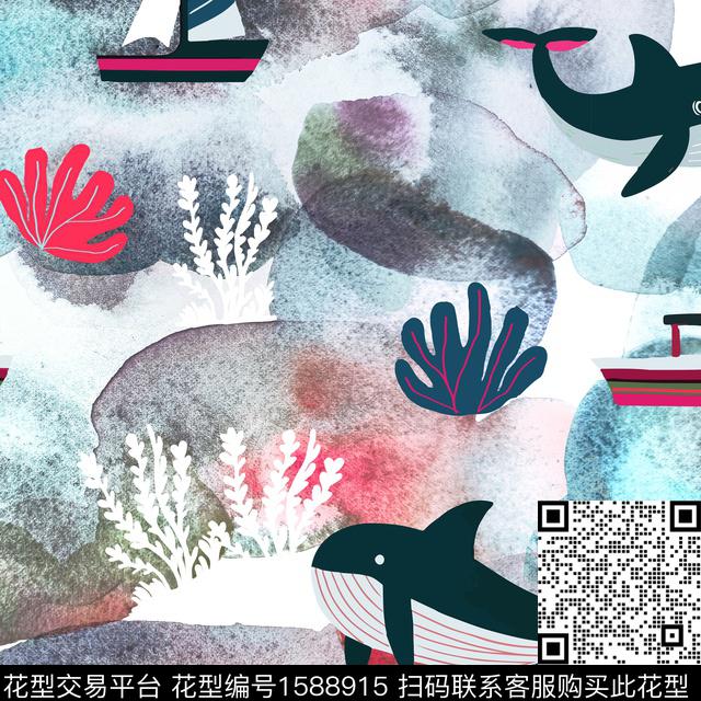 趣味船鲸鱼数码印花华亿平台下载（图片编号: 1588915） - 瓦栏（Walan）
