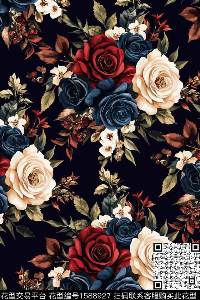 花卉女装黑底花卉数码印花华亿平台下载（图片编号: 1588927） - 瓦栏（Walan）