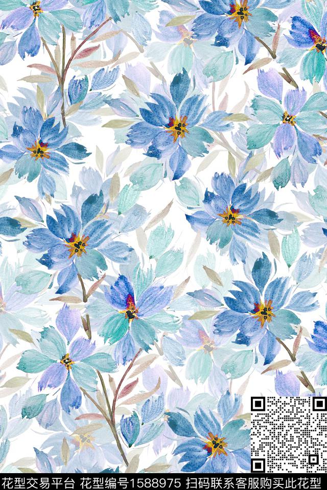 影花水彩花卉花卉数码印花华亿平台下载（图片编号: 1588975） - 瓦栏（Walan）