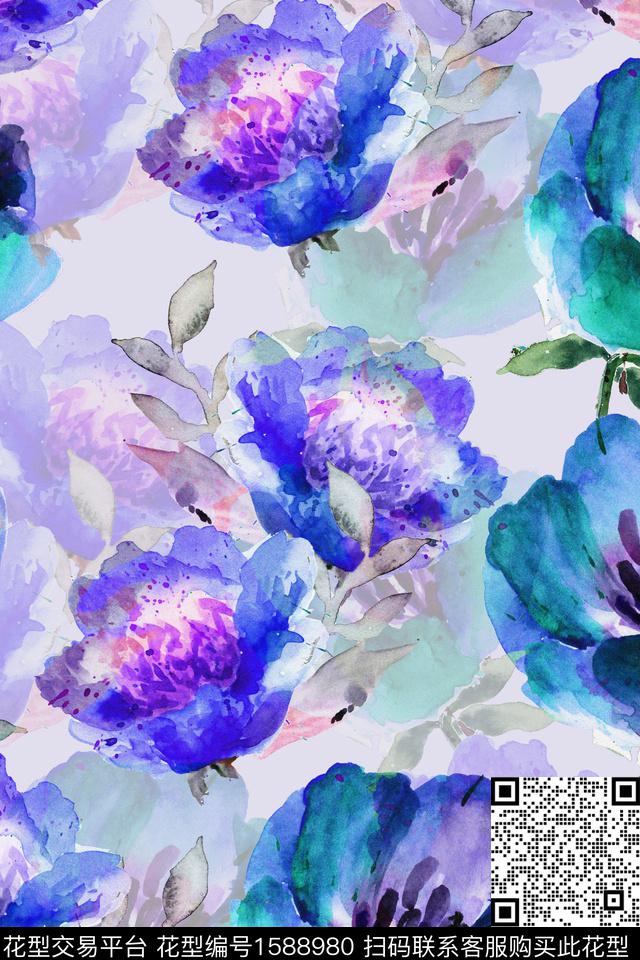 影花水彩花卉花卉数码印花华亿平台下载（图片编号: 1588980） - 瓦栏（Walan）