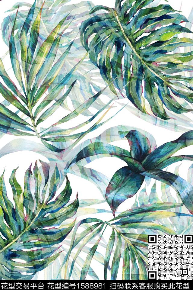 热带水彩叶子数码印花华亿平台下载（图片编号: 1588981） - 瓦栏（Walan）