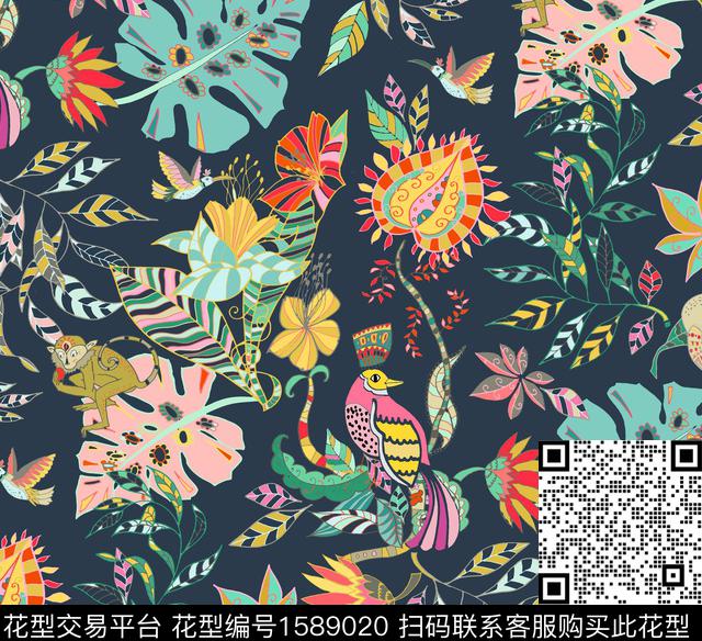 花卉鸟热带华亿平台数码印花华亿平台下载（图片编号: 1589020） - 瓦栏（Walan）