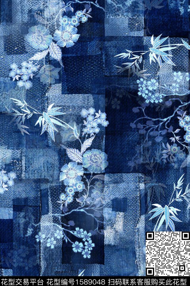 花卉混合拼接牛仔数码印花华亿平台下载（图片编号: 1589048） - 瓦栏（Walan）