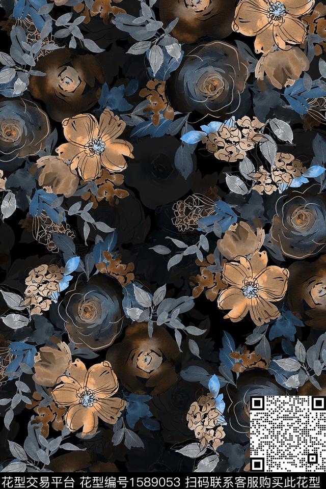 黑底花卉花卉数码印花华亿平台下载（图片编号: 1589053） - 瓦栏（Walan）