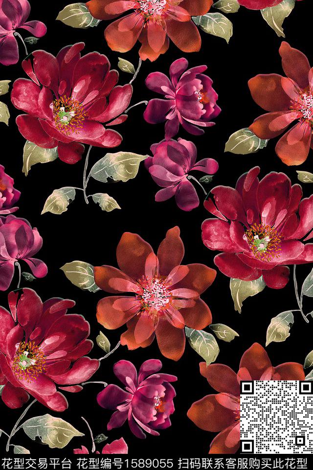 黑底花卉花卉数码印花华亿平台下载（图片编号: 1589055） - 瓦栏（Walan）