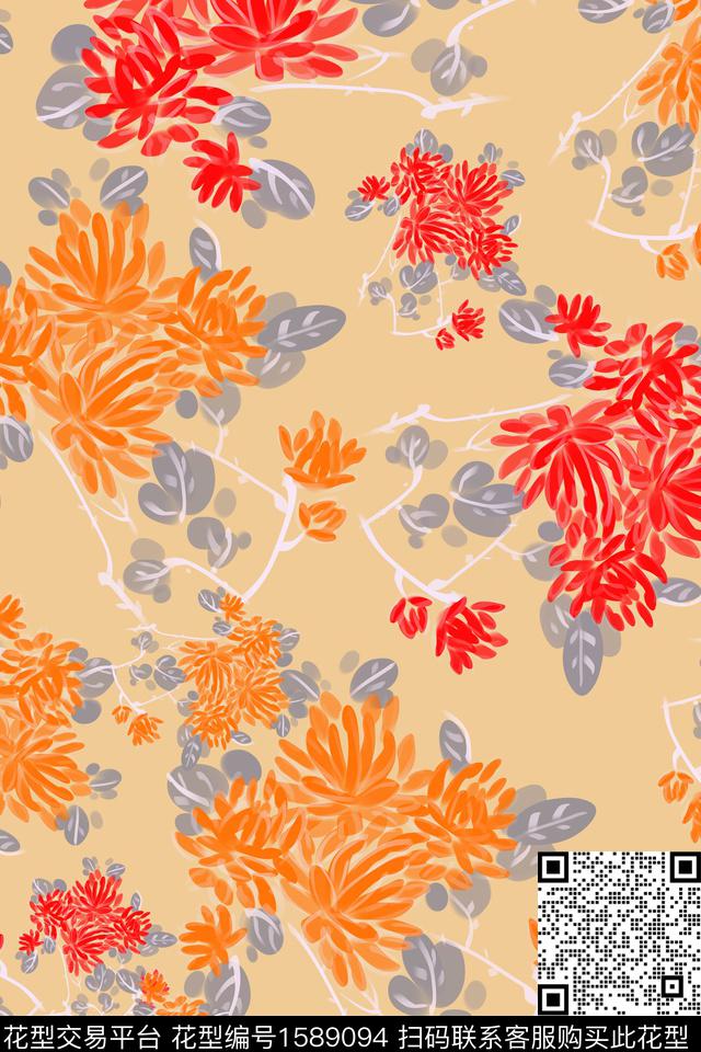 笔触水彩花卉手绘花卉传统印花华亿平台下载（图片编号: 1589094） - 瓦栏（Walan）