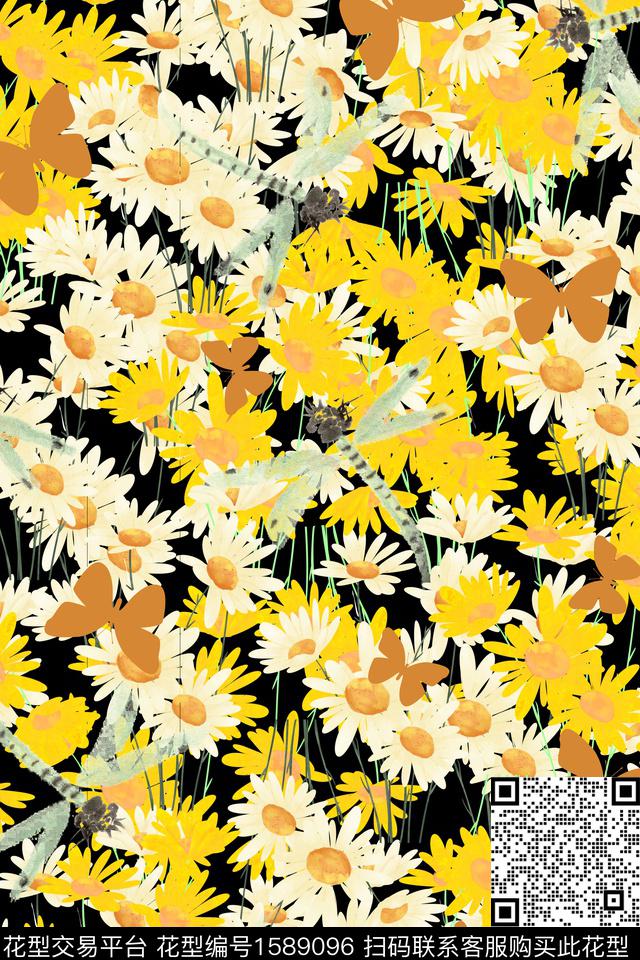 黑底花卉蝴蝶蜻蜓数码印花华亿平台下载（图片编号: 1589096） - 瓦栏（Walan）