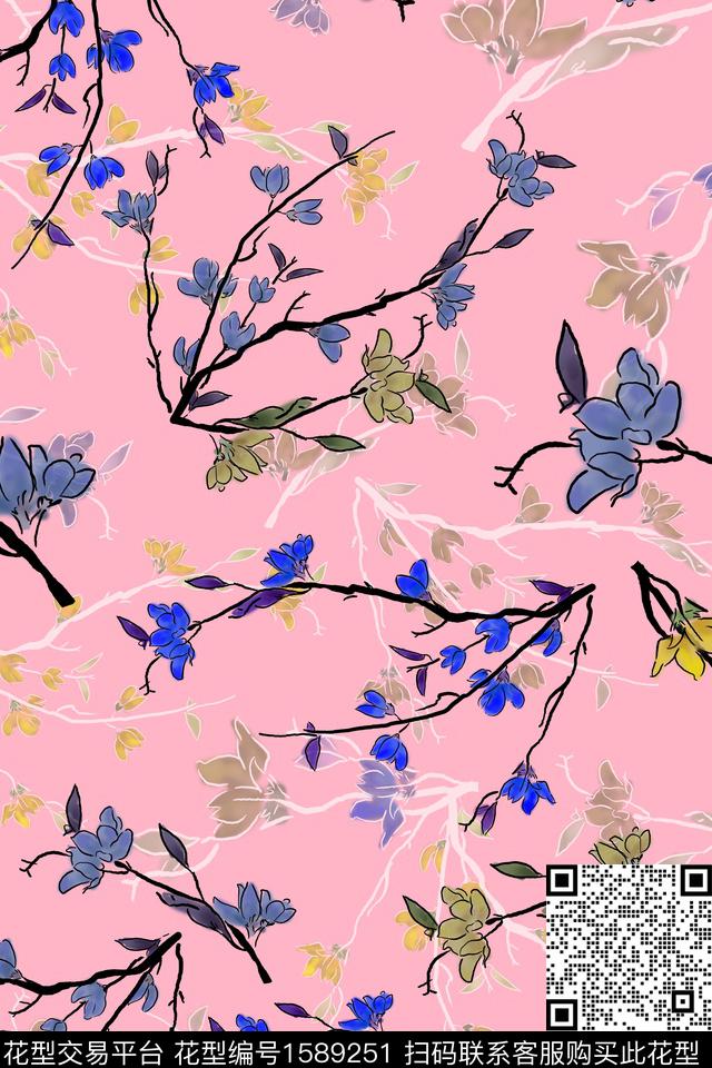 花卉枝条花水彩数码印花华亿平台下载（图片编号: 1589251） - 瓦栏（Walan）