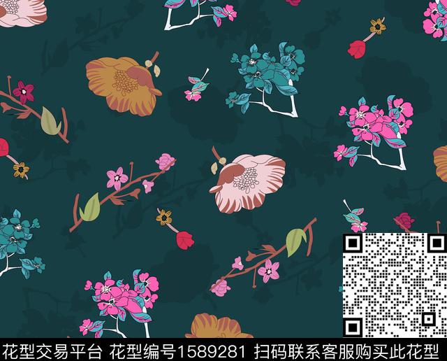 花卉深底花卉剪影数码印花华亿平台下载（图片编号: 1589281） - 瓦栏（Walan）