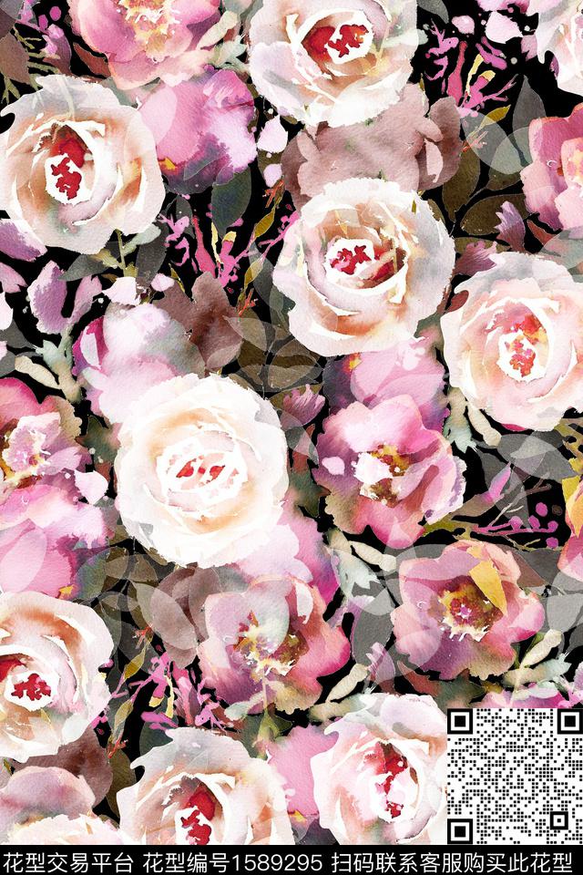 黑底花卉水彩花卉花卉数码印花华亿平台下载（图片编号: 1589295） - 瓦栏（Walan）