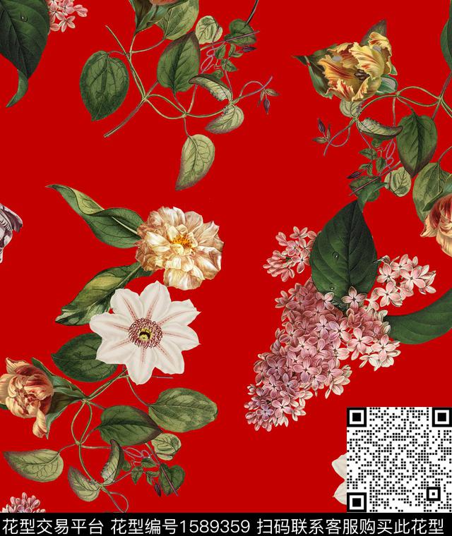 花卉复古大红底数码印花华亿平台下载（图片编号: 1589359） - 瓦栏（Walan）