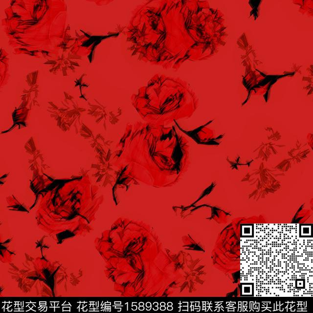 花卉红底模糊花卉数码印花华亿平台下载（图片编号: 1589388） - 瓦栏（Walan）