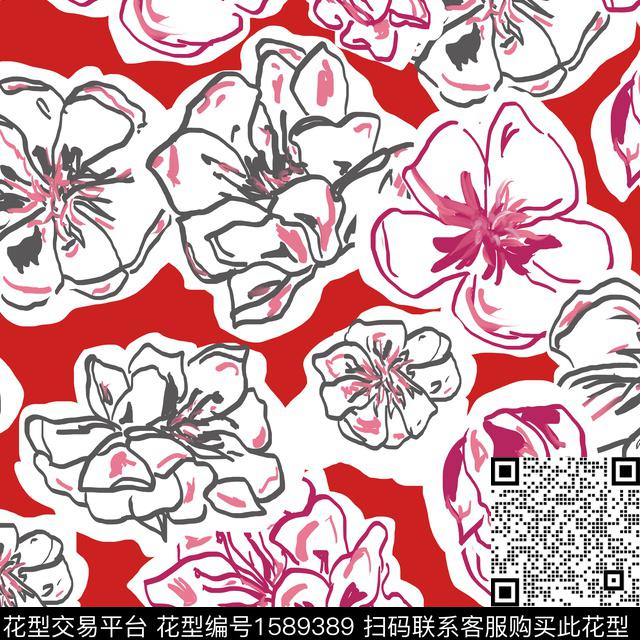 花卉线条花卉数码印花华亿平台下载（图片编号: 1589389） - 瓦栏（Walan）