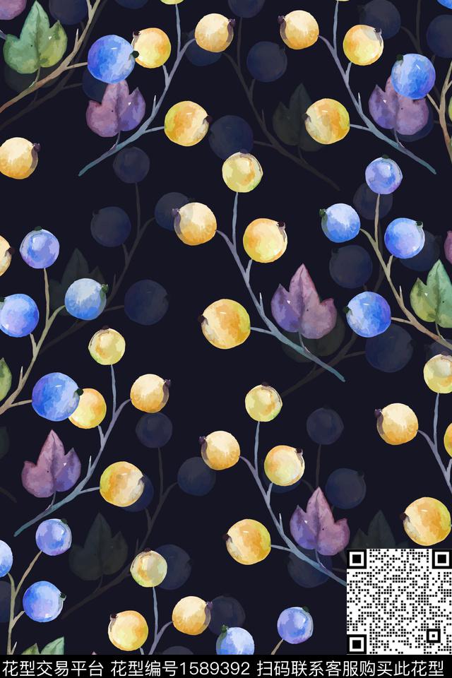 果子影花黑底数码印花华亿平台下载（图片编号: 1589392） - 瓦栏（Walan）
