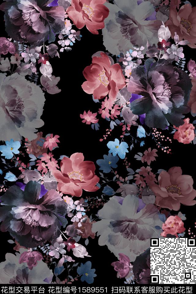 黑底花卉花卉影花数码印花华亿平台下载（图片编号: 1589551） - 瓦栏（Walan）