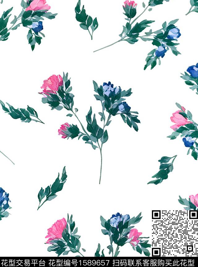 白底花花卉水彩花卉数码印花华亿平台下载（图片编号: 1589657） - 瓦栏（Walan）