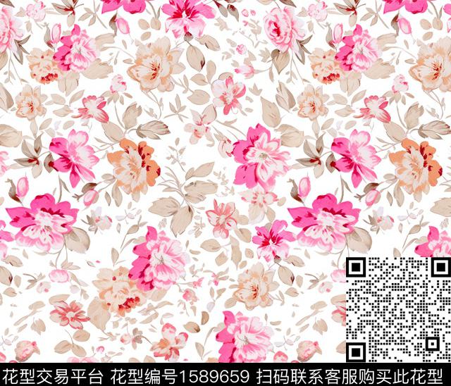白底花花卉水彩花卉数码印花华亿平台下载（图片编号: 1589659） - 瓦栏（Walan）