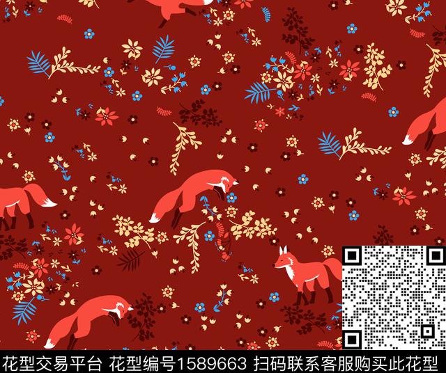 狐狸植物花卉数码印花华亿平台下载（图片编号: 1589663） - 瓦栏（Walan）