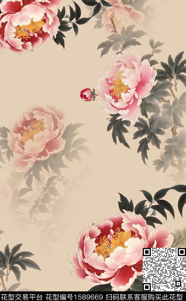 手绘大花牡丹国风数码印花华亿平台下载（图片编号: 1589669） - 瓦栏（Walan）