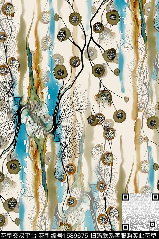 水彩抽象花卉树枝数码印花华亿平台下载（图片编号: 1589675） - 瓦栏（Walan）