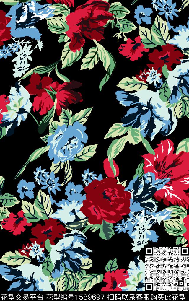 花卉手绘黑底花卉传统印花华亿平台下载（图片编号: 1589697） - 瓦栏（Walan）