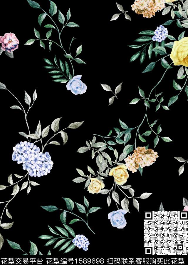 花卉水彩黑底花卉数码印花华亿平台下载（图片编号: 1589698） - 瓦栏（Walan）