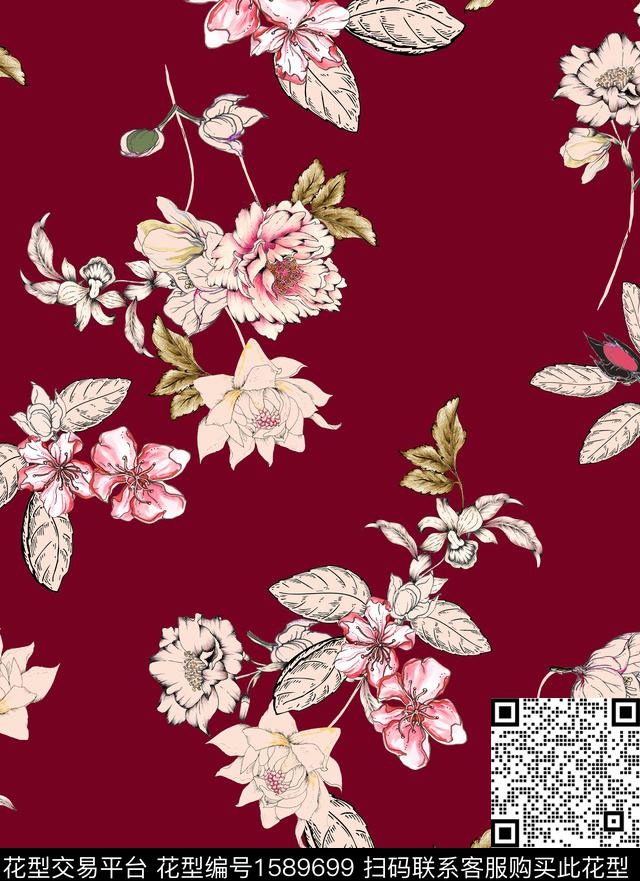 花卉水彩酒红底数码印花华亿平台下载（图片编号: 1589699） - 瓦栏（Walan）