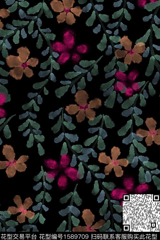 黑底花卉花卉水彩数码印花华亿平台下载（图片编号: 1589709） - 瓦栏（Walan）