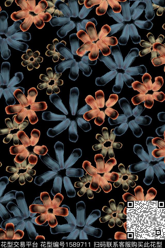 黑底花卉花卉小碎花数码印花华亿平台下载（图片编号: 1589711） - 瓦栏（Walan）