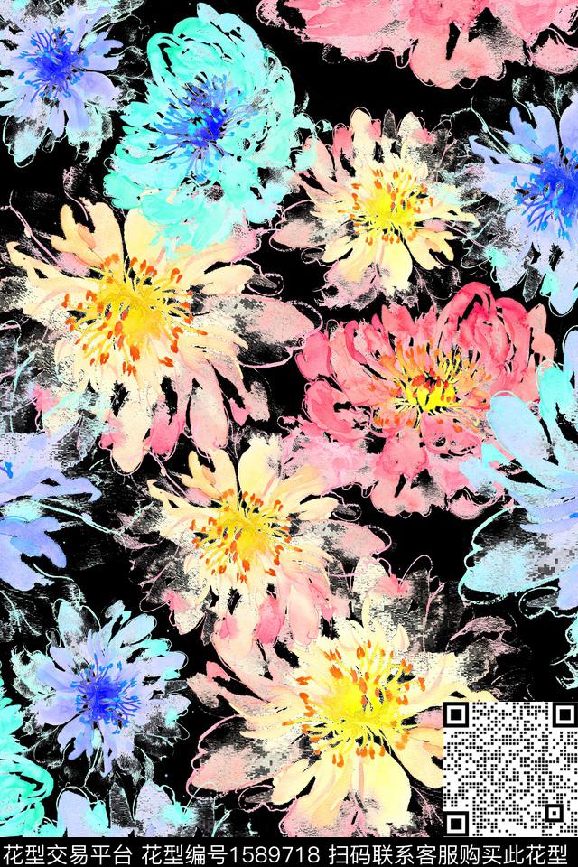 黑底花卉抽象花卉花卉数码印花华亿平台下载（图片编号: 1589718） - 瓦栏（Walan）