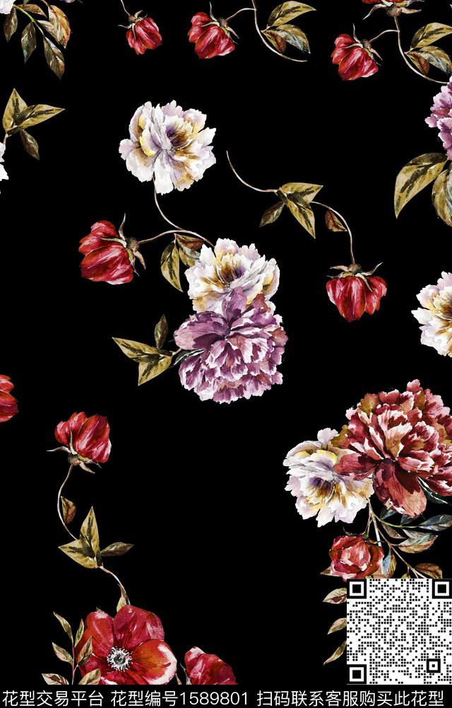 花卉水彩黑底花卉数码印花华亿平台下载（图片编号: 1589801） - 瓦栏（Walan）