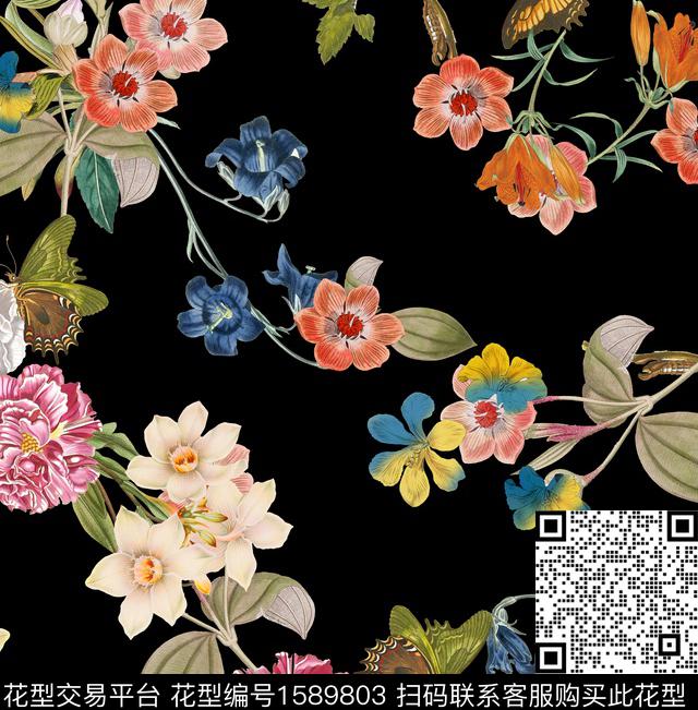 花卉复古黑底花卉数码印花华亿平台下载（图片编号: 1589803） - 瓦栏（Walan）