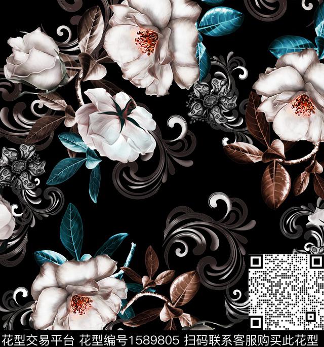民族风花卉黑底花卉数码印花华亿平台下载（图片编号: 1589805） - 瓦栏（Walan）
